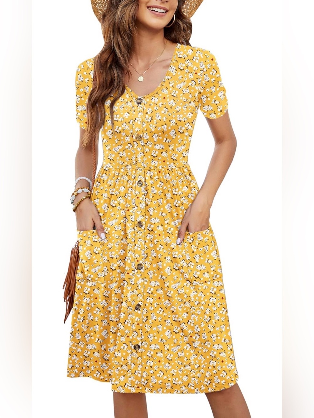 MOLERANI Yellow V-neck Floral Button-Front Midi Large Dress with Pockets NEW
